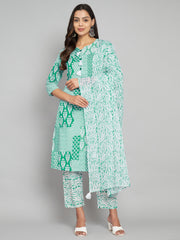 Womens pure cotton floral print kurta pant dupatta set