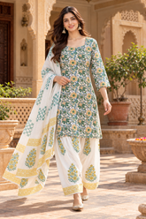 Green & Mustard Floral Printed Short Kurta Farshi Salwar Suit Set with Dupatta