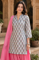Erisha Hand Block Printed Cotton Farshi Salwar Set- Pink 3piece set