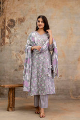 Pure cotton Floral print embroidered Angrakha Kurta pant dupatta set