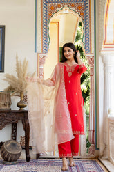 Modal Chanderi embroidered kurta pant dupatta set.