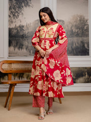 Womens Cotton Block Print Kurta pant Dupatta set