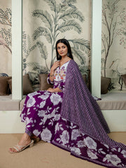women's pure cotton Anarkali Hand block Floral print Kurta pant Dupatta set
