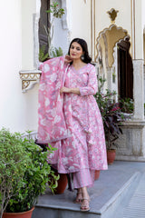 Pure cotton Floral print embroidered Angrakha Kurta pant dupatta set