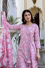 Pure cotton Floral print embroidered Angrakha Kurta pant dupatta set