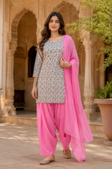 ERISHA Pink Hand Block Printed Cotton Farshi Salwar Suit Set – 3 Piece