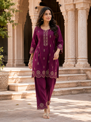 Wine Embroidered Cotton Slub 2 Piece Ethnic Co-ord Set | Kurta Pant Set for Women