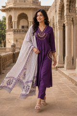 Purple Embroidered Cotton Kurta Set with Printed Dupatta for Women | Premium Ethnic Wear | Festive, Office & Casual Wear | Erisha