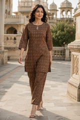 Brown Katha Cotton Co-Ord Set for Women | Premium Printed Kurta & Palazzo Set | Casual, Office & Travel Wear