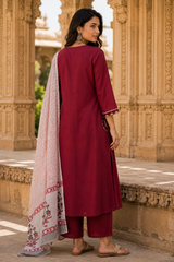 Maroon Embroidered Cotton Kurta Set with Printed Dupatta for Women | Premium Ethnic Suit Set | Festive, Office & Casual Wear | Erisha