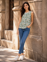 ERISHA Hand Block Printed Sleeveless Cotton Top for Women | Green Floral Summer Wear