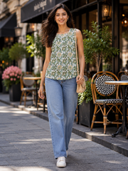 ERISHA Hand Block Printed Sleeveless Cotton Top for Women | Green Floral Summer Wear