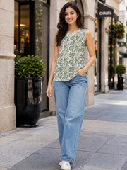 ERISHA Hand Block Printed Sleeveless Cotton Top for Women | Green Floral Summer Wear