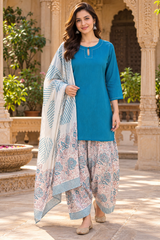 ERISHA Neel Blue Cotton Farshi Salwar Suit Set with Printed Dupatta
