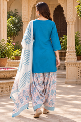 ERISHA Neel Blue Cotton Farshi Salwar Suit Set with Printed Dupatta