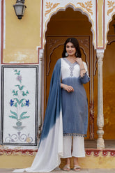 Womens Pure cotton katha Embroidered Ombre shade kurta pant Dupatta set