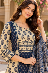 ERISHA Navy Blue & Beige Paisley Printed Pleated Kurta Pant Set with Dupatta