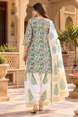 Green & Mustard Floral Printed Short Kurta Farshi Salwar Suit Set with Dupatta