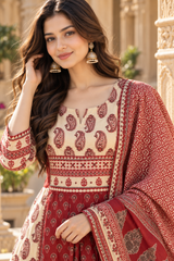 Maroon & Cream Paisley Printed Pleated pure cotton Kurta Pant Set with Dupatta