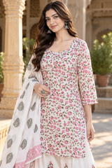 Pink & cotton Ditsy Floral Printed Short Kurta Farshi Salwar Suit Set with Dupatta