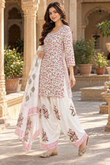 Pink & cotton Ditsy Floral Printed Short Kurta Farshi Salwar Suit Set with Dupatta