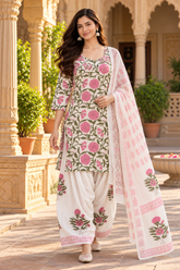 Pink Floral Printed Short Kurta Farshi Salwar Suit Set with Dupatta