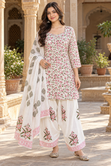 Pink & cotton Ditsy Floral Printed Short Kurta Farshi Salwar Suit Set with Dupatta