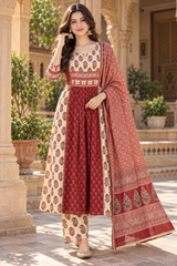 Maroon & Cream Paisley Printed Pleated pure cotton Kurta Pant Set with Dupatta