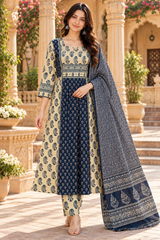 ERISHA Navy Blue & Beige Paisley Printed Pleated Kurta Pant Set with Dupatta
