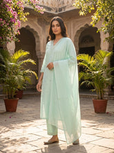 Women pure cotton embroidered kurta pant dupatta set