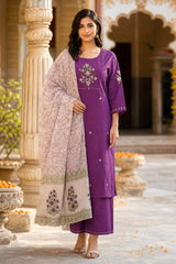 Erisha Women's Purple Embroidered cotton Kurta Pant Dupatta Set| Elegant Ethnic wear suit set for women