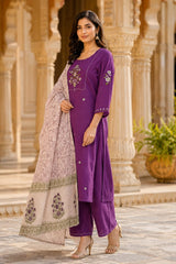 Erisha Women's Purple Embroidered cotton Kurta Pant Dupatta Set| Elegant Ethnic wear suit set for women