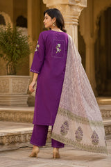 Erisha Women's Purple Embroidered cotton Kurta Pant Dupatta Set| Elegant Ethnic wear suit set for women