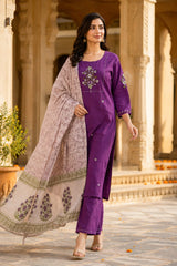 Erisha Women's Purple Embroidered cotton Kurta Pant Dupatta Set| Elegant Ethnic wear suit set for women