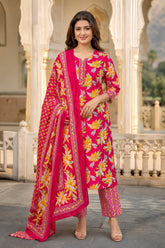 Women's Pink Floral Cotton Kurta pant Dupatta Set| Premium Ethnic wear for women| Summer festive collection