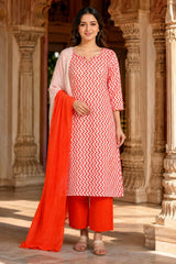 Orange, White Printed Cotton Kurta Pant Set with Dupatta | Summer Ethnic Wear