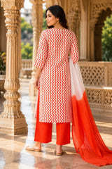 Orange, White Printed Cotton Kurta Pant Set with Dupatta | Summer Ethnic Wear