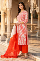 Orange, White Printed Cotton Kurta Pant Set with Dupatta | Summer Ethnic Wear