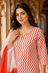 Orange, White Printed Cotton Kurta Pant Set with Dupatta | Summer Ethnic Wear