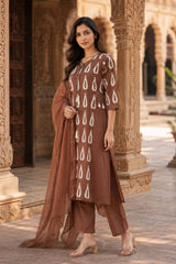ERISHA Brown Cotton Kurta Pant Set With Dupatta for Women | Printed Ethnic Wear Suit Set