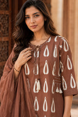 ERISHA Brown Cotton Kurta Pant Set With Dupatta for Women | Printed Ethnic Wear Suit Set