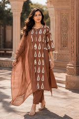 ERISHA Brown Cotton Kurta Pant Set With Dupatta for Women | Printed Ethnic Wear Suit Set