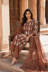 ERISHA Brown Cotton Kurta Pant Set With Dupatta for Women | Printed Ethnic Wear Suit Set