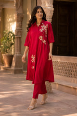 ERISHA Women's Premium Red Embroidered Kurta Pant Set | Designer Ethnic Wear for Women | Festive & Party Wear Kurta Set