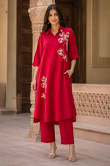 ERISHA Women's Premium Red Embroidered Kurta Pant Set | Designer Ethnic Wear for Women | Festive & Party Wear Kurta Set