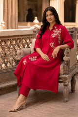 ERISHA Women's Premium Red Embroidered Kurta Pant Set | Designer Ethnic Wear for Women | Festive & Party Wear Kurta Set