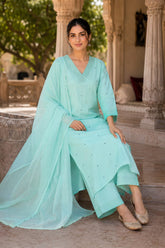 Women pure cotton embroidered kurta pant dupatta set