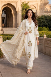 Premium White Cotton Hand Block Printed Kurta Set with Dupatta for Women | Elegant Ethnic Wear