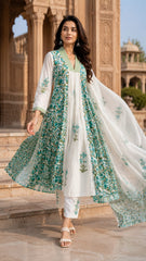 White Floral Printed Cotton Kurta Set with Pant & Dupatta for Women | Elegant Summer Ethnic Wear