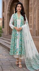 White Floral Printed Cotton Kurta Set with Pant & Dupatta for Women | Elegant Summer Ethnic Wear